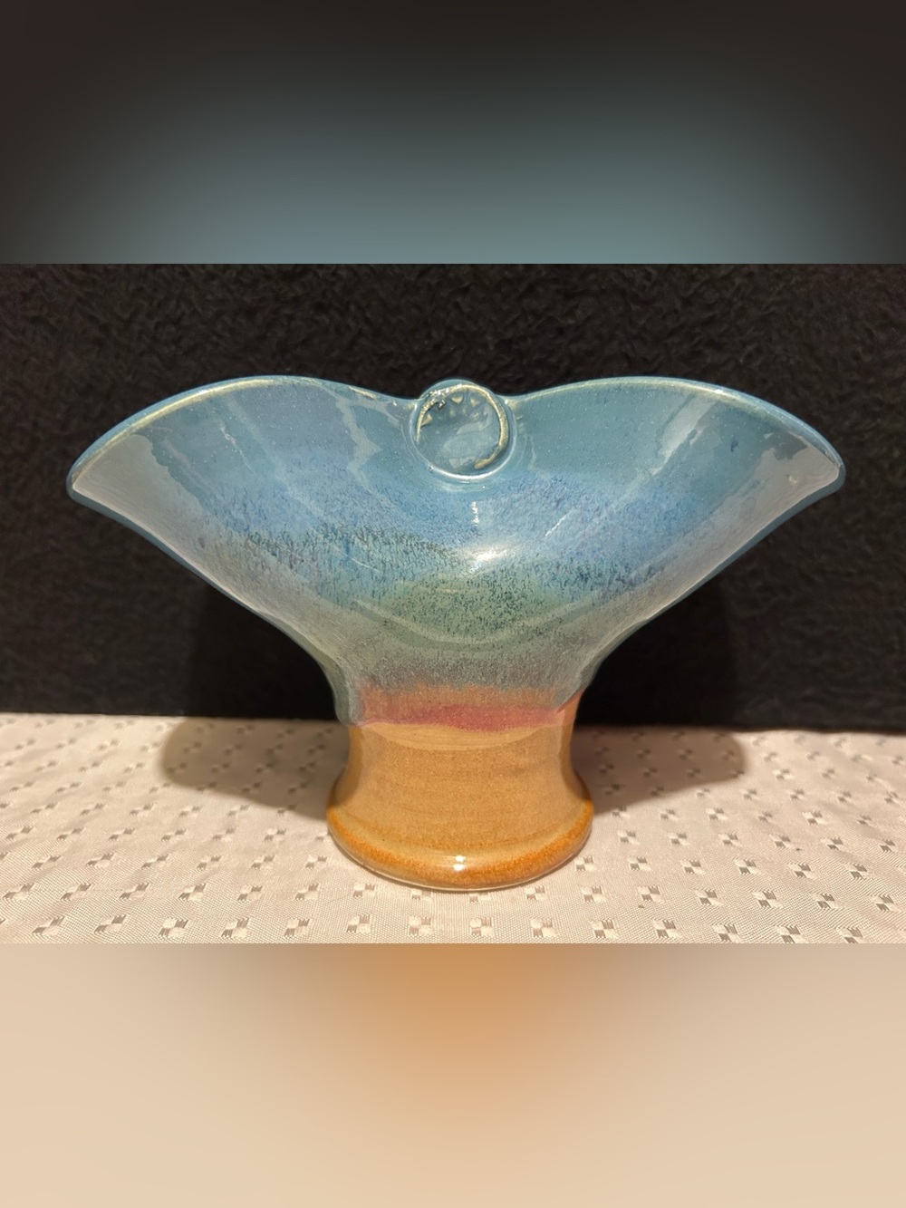 Ceramic Fan Vase Flared, Saddle-Shaped Rim turquoise-to-blue glaze a warm amber